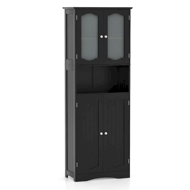 White / Black Tall Bathroom Storage Cabinet with Frosted Glass Doors, Single, Freestanding
