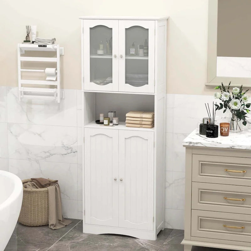 White / Black Tall Bathroom Storage Cabinet with Frosted Glass Doors, Single, Freestanding