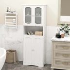 White / Black Tall Bathroom Storage Cabinet with Frosted Glass Doors, Single, Freestanding