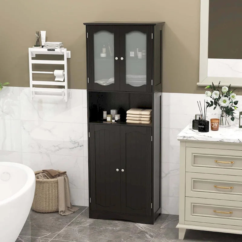 White / Black Tall Bathroom Storage Cabinet with Frosted Glass Doors, Single, Freestanding