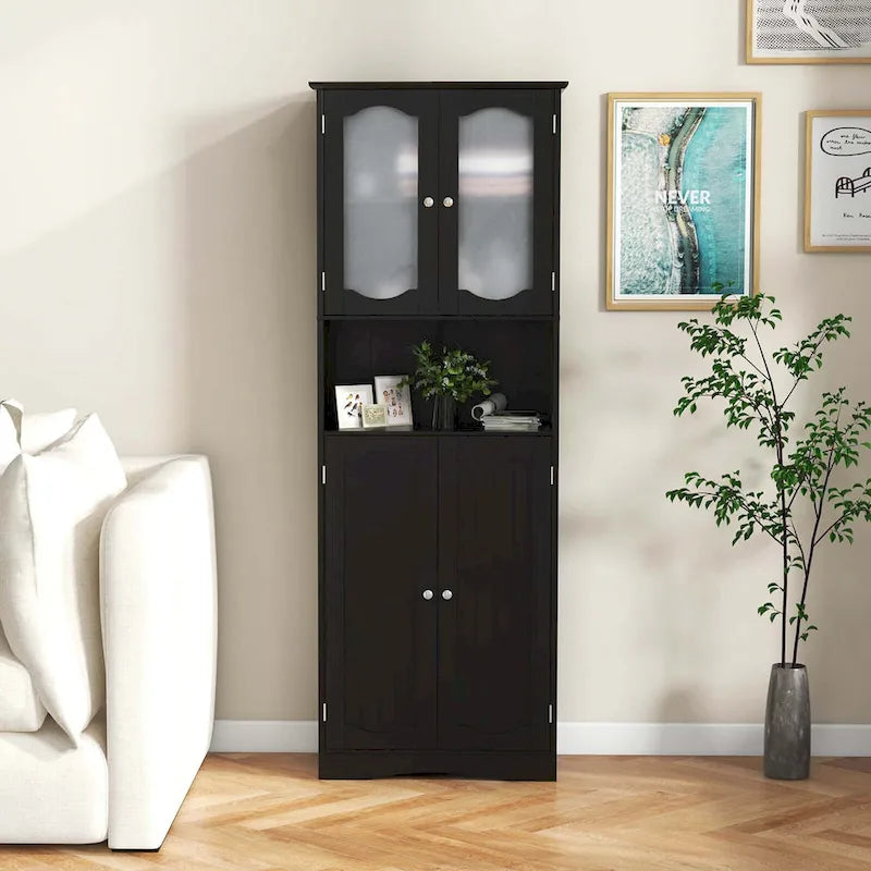 White / Black Tall Bathroom Storage Cabinet with Frosted Glass Doors, Single, Freestanding