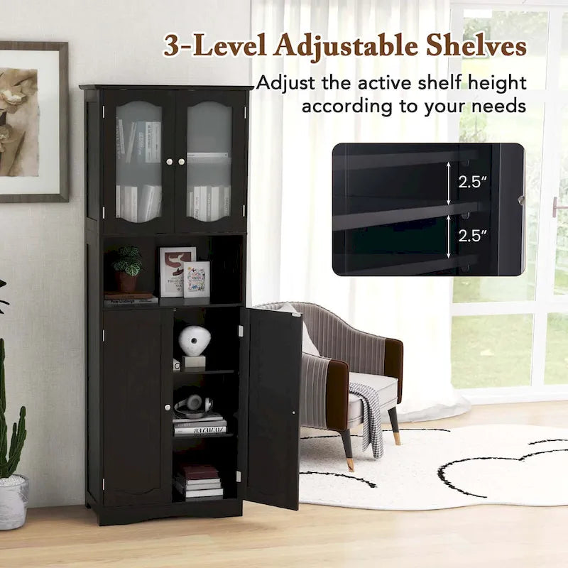 White / Black Tall Bathroom Storage Cabinet with Frosted Glass Doors, Single, Freestanding