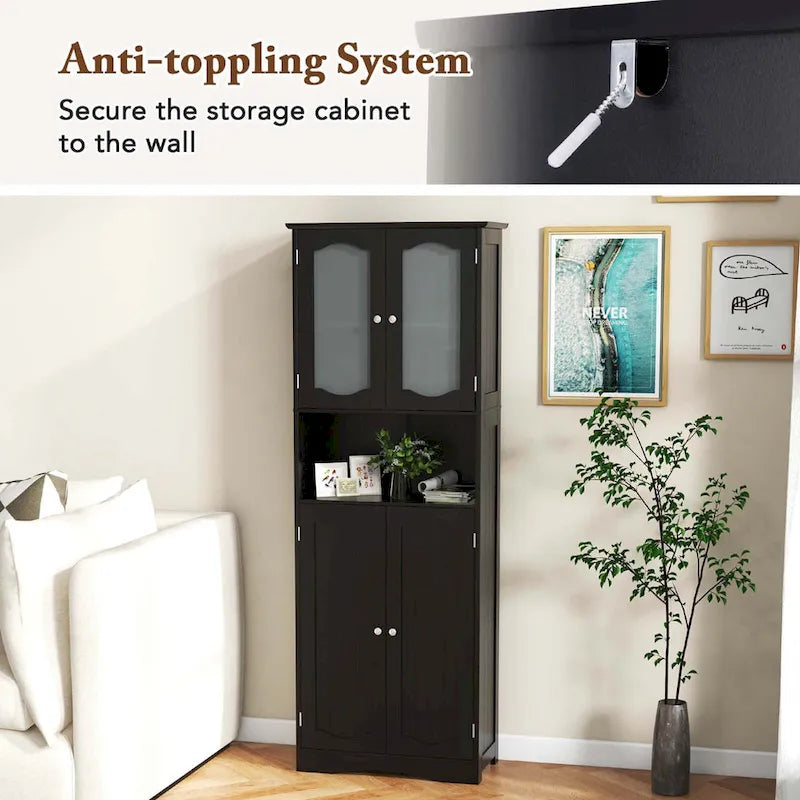 White / Black Tall Bathroom Storage Cabinet with Frosted Glass Doors, Single, Freestanding