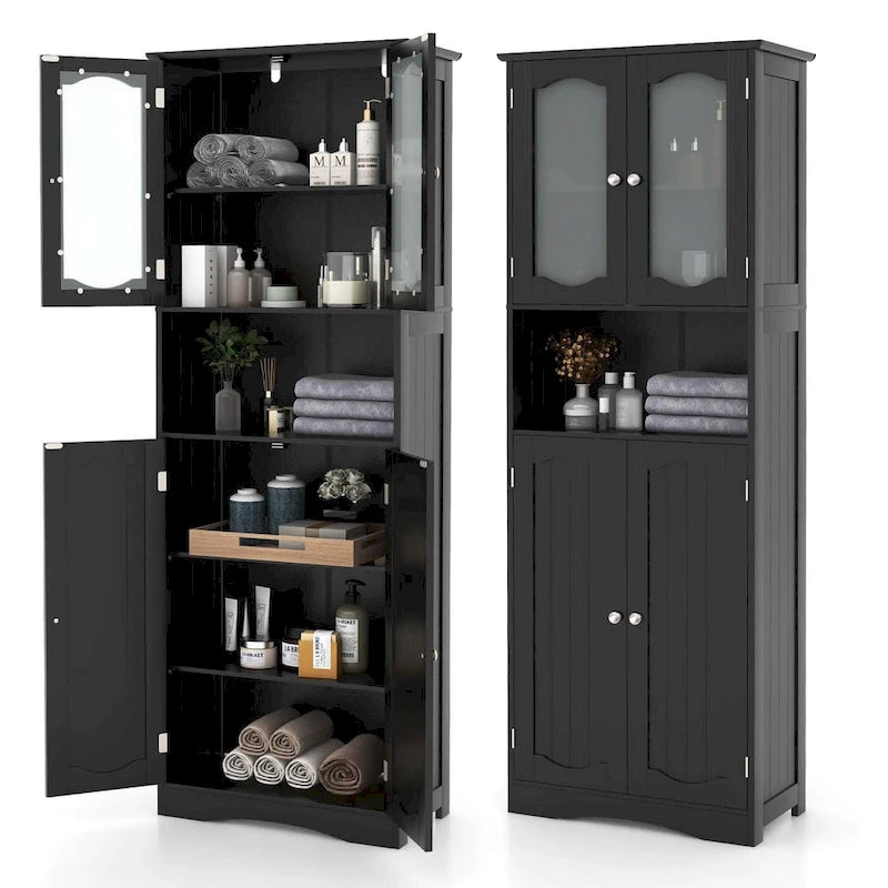 White / Black Tall Bathroom Storage Cabinet with Frosted Glass Doors, Single, Freestanding