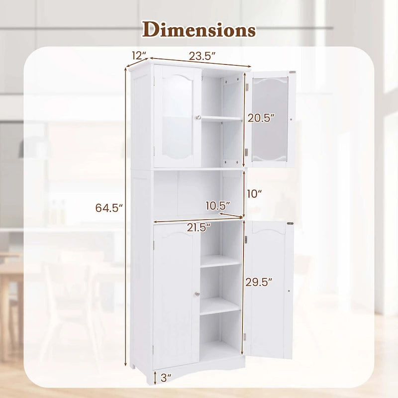 White / Black Tall Bathroom Storage Cabinet with Frosted Glass Doors, Single, Freestanding