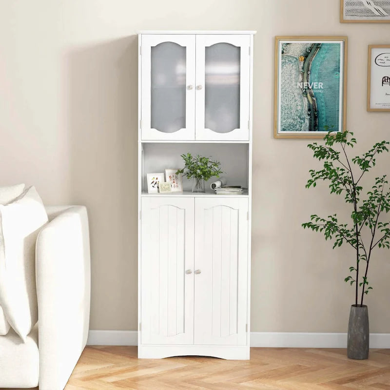 White / Black Tall Bathroom Storage Cabinet with Frosted Glass Doors, Single, Freestanding