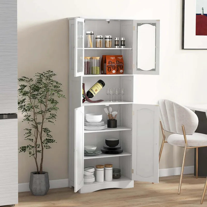 White / Black Tall Bathroom Storage Cabinet with Frosted Glass Doors, Single, Freestanding