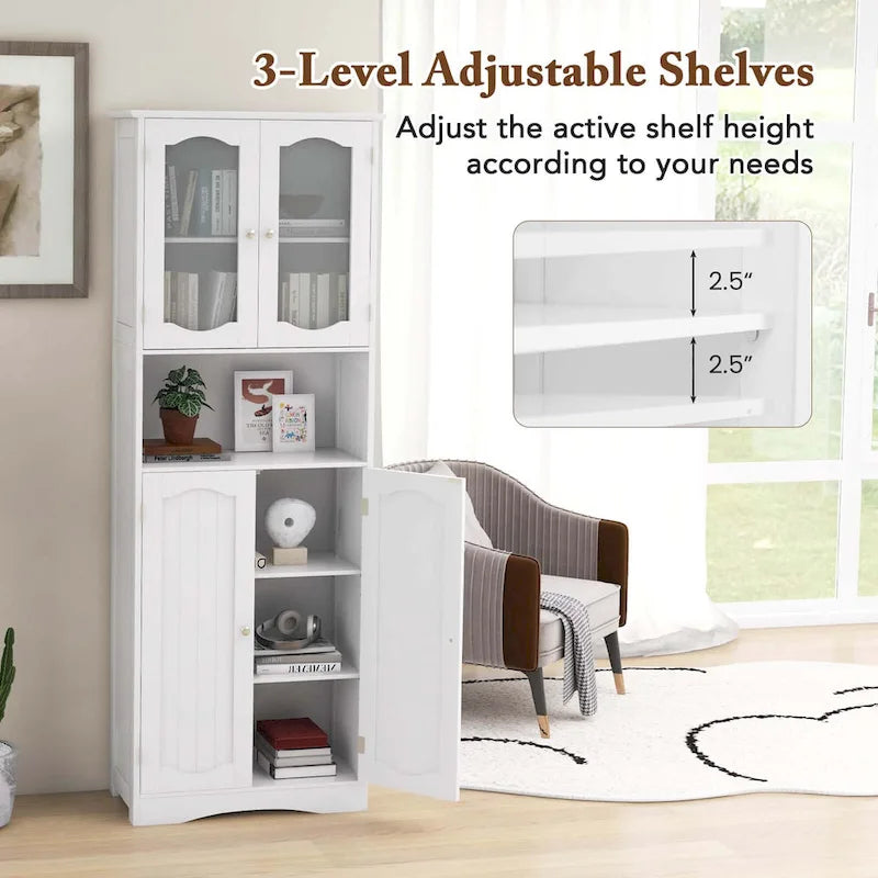 White / Black Tall Bathroom Storage Cabinet with Frosted Glass Doors, Single, Freestanding