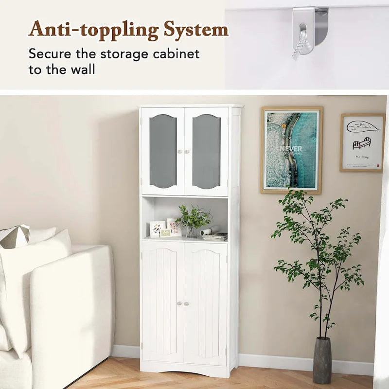 White / Black Tall Bathroom Storage Cabinet with Frosted Glass Doors, Single, Freestanding