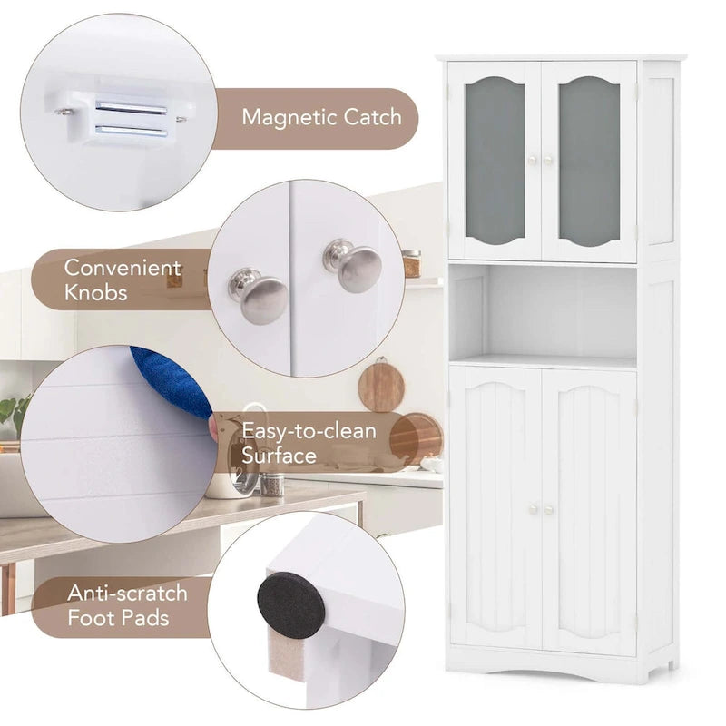 White / Black Tall Bathroom Storage Cabinet with Frosted Glass Doors, Single, Freestanding