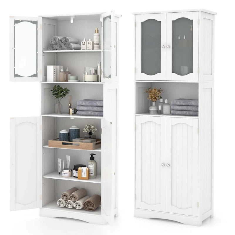 White / Black Tall Bathroom Storage Cabinet with Frosted Glass Doors, Single, Freestanding
