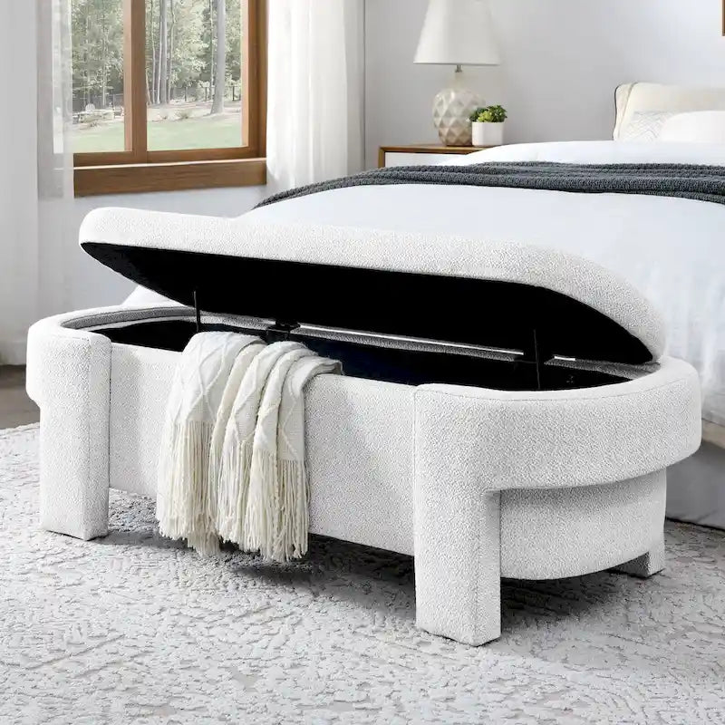 White Linen Upholstered Storage Bench, 51.5", 1-Seat