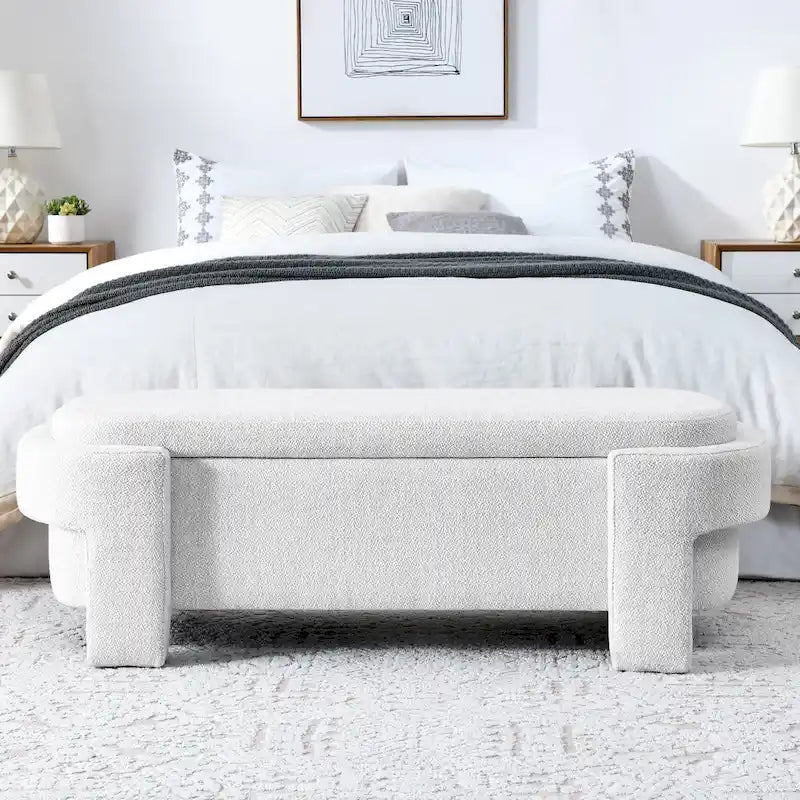 White Linen Upholstered Storage Bench, 51.5", 1-Seat