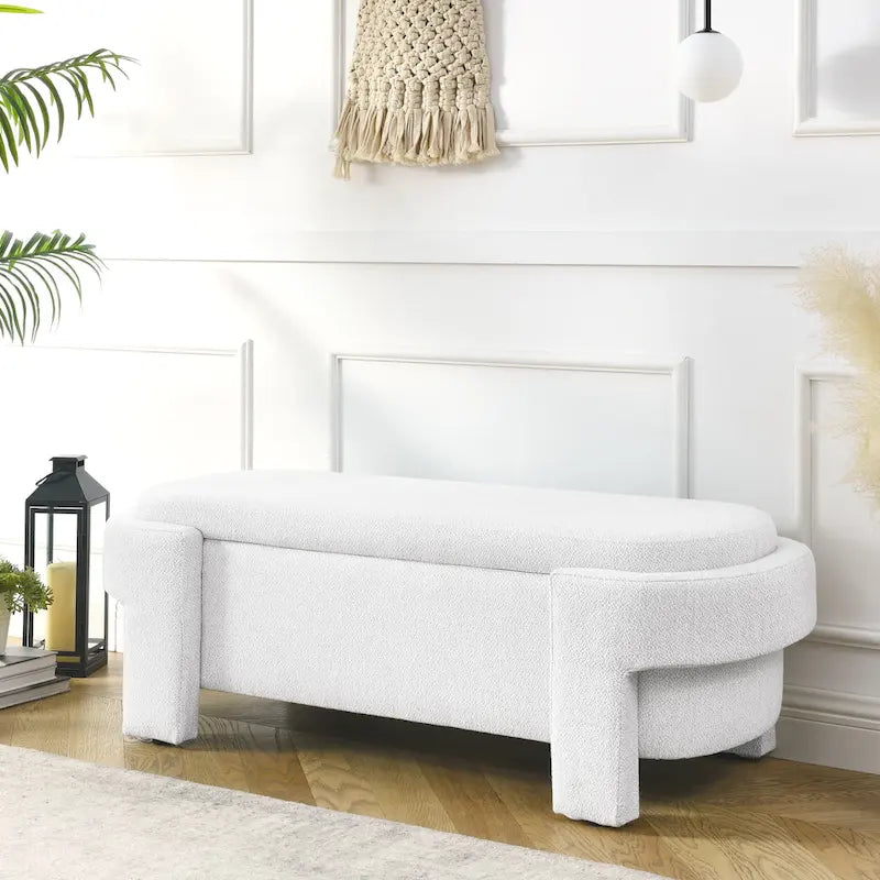 White Linen Upholstered Storage Bench, 51.5", 1-Seat