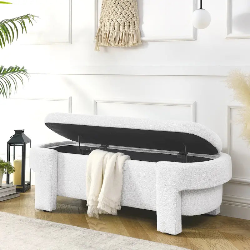 White Linen Upholstered Storage Bench, 51.5", 1-Seat