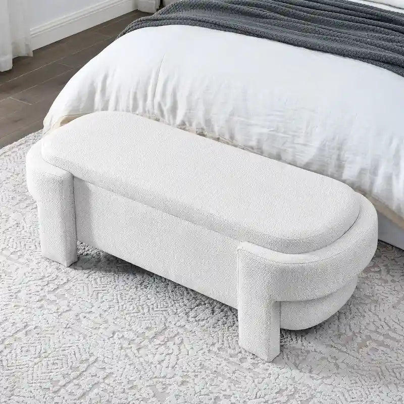 White Linen Upholstered Storage Bench, 51.5", 1-Seat