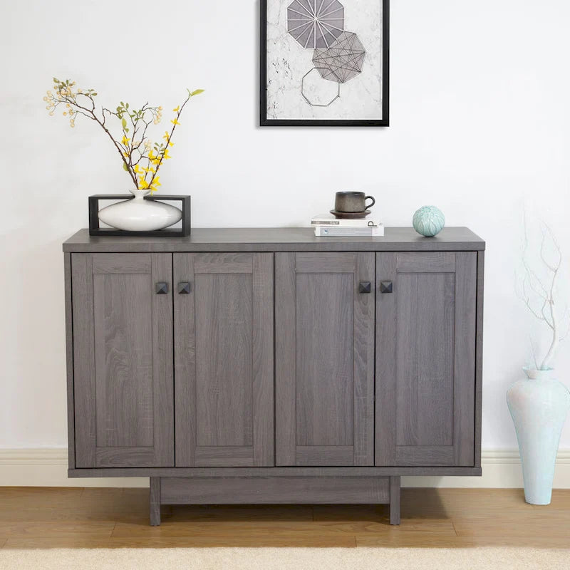 Beige Oak / Dark Grey / Distressed Grey Sideboard Cabinet with 2 Doors, Single, Freestanding