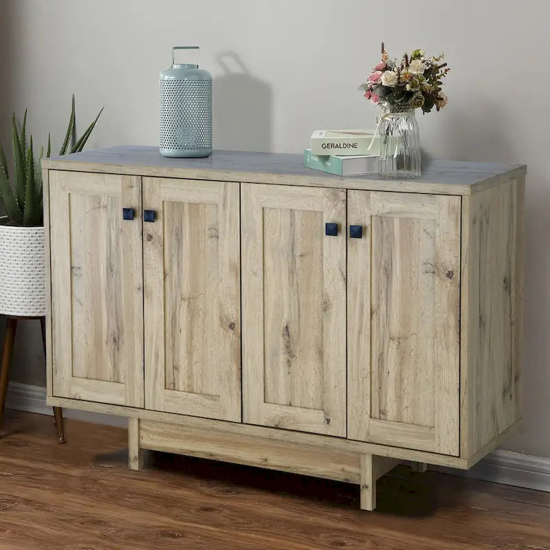 Beige Oak / Dark Grey / Distressed Grey Sideboard Cabinet with 2 Doors, Single, Freestanding