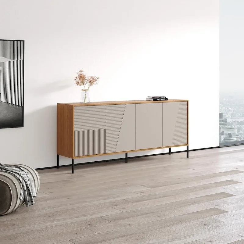 Teak/Cashmere/Black Modern Matte Sideboard, 74.8"W