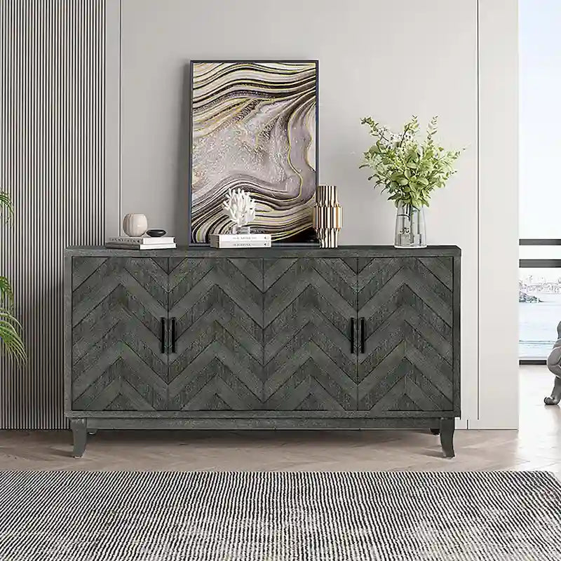 Antique Dark Grey/Green 4-Door Vintage Storage Cabinet