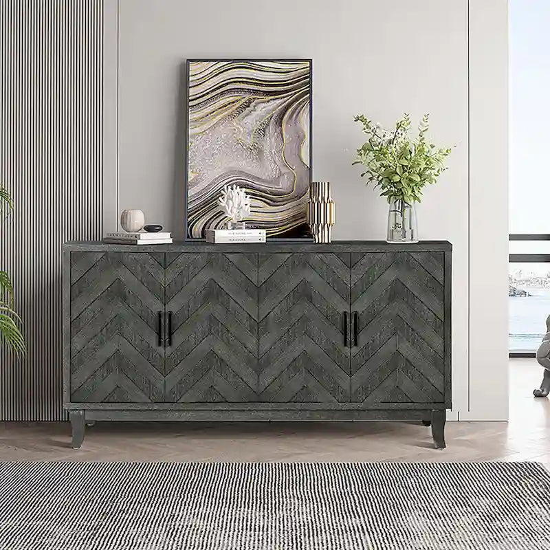 Antique Dark Grey/Green 4-Door Vintage Storage Cabinet