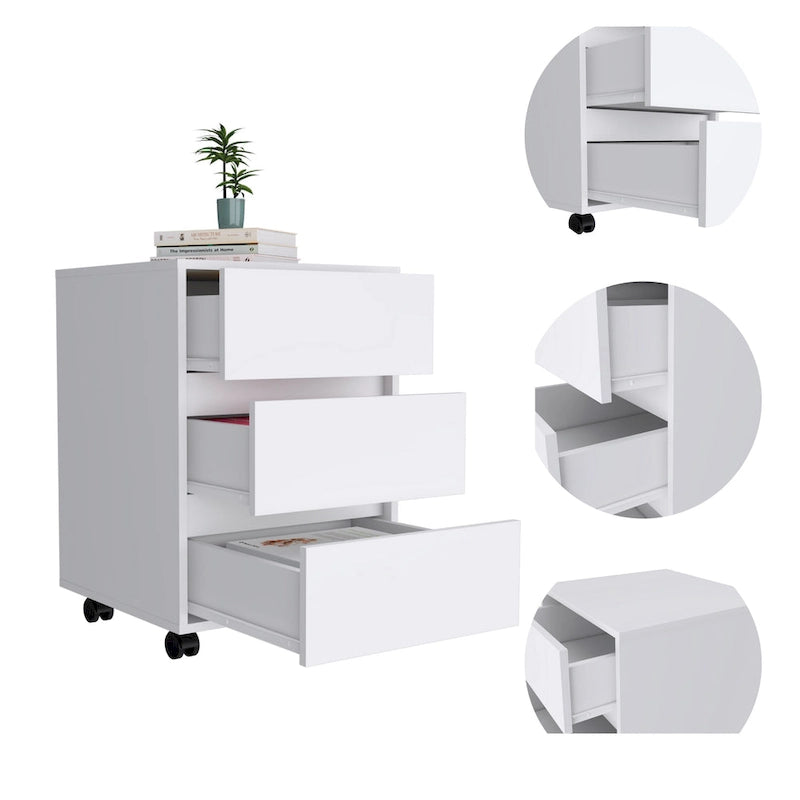 White / Light Grey / Black 3-Drawer Filing Cabinet with Wheels and Lock, Single