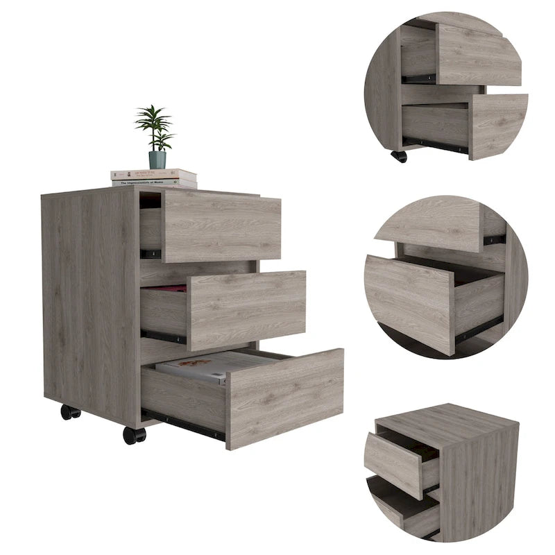 White / Light Grey / Black 3-Drawer Filing Cabinet with Wheels and Lock, Single