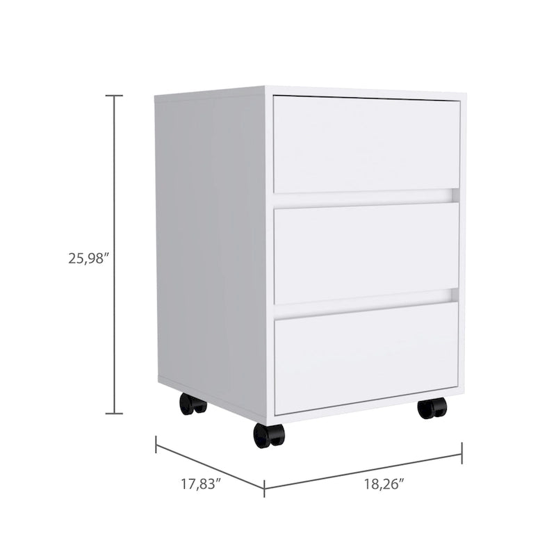 White / Light Grey / Black 3-Drawer Filing Cabinet with Wheels and Lock, Single