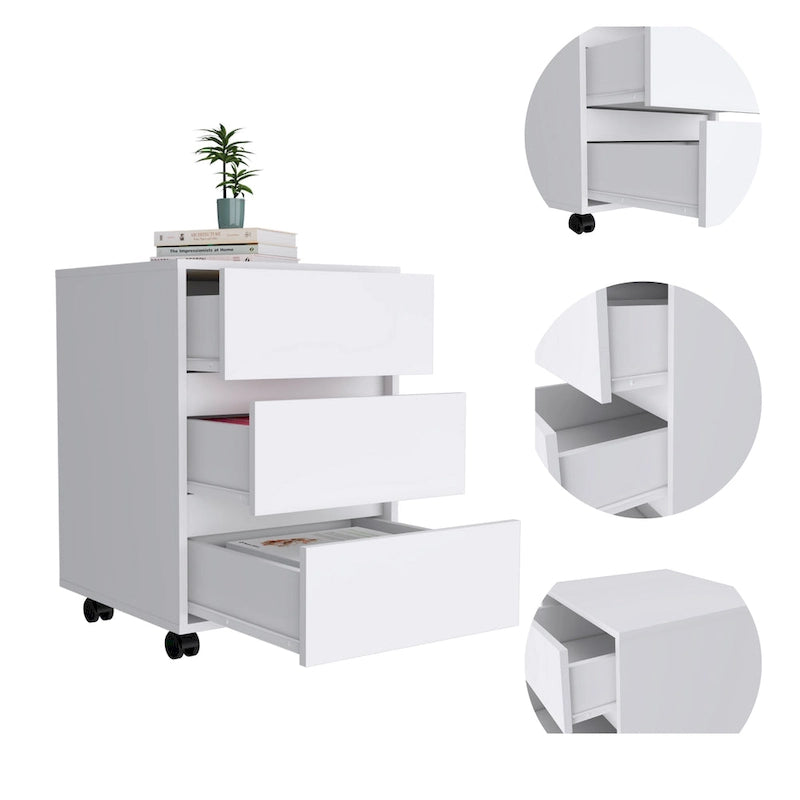 White / Light Grey / Black 3-Drawer Filing Cabinet with Wheels and Lock, Single