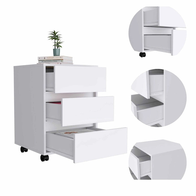 White / Light Grey / Black 3-Drawer Filing Cabinet with Wheels and Lock, Single