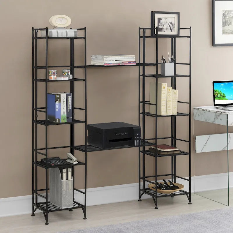 Black / White 5-Tier Folding Metal Shelving Unit with 2 Extension Shelves, Single