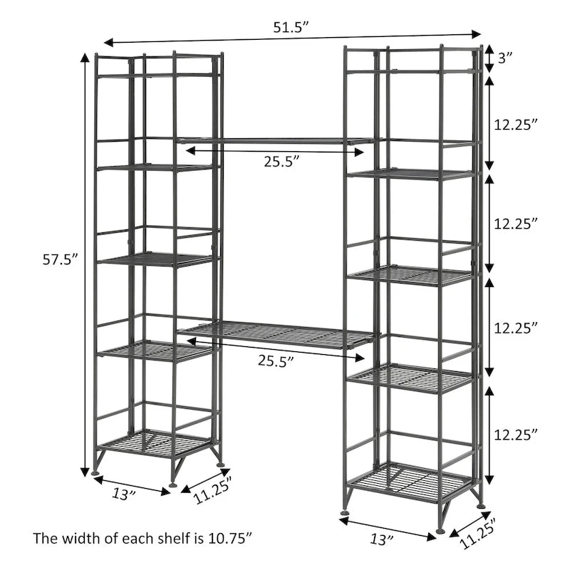 Black / White 5-Tier Folding Metal Shelving Unit with 2 Extension Shelves, Single