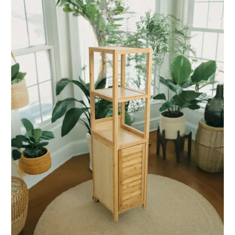 Natural Bamboo Spa Storage Tower Cabinet with 3 Open Shelves and Enclosed Cabinet, Single