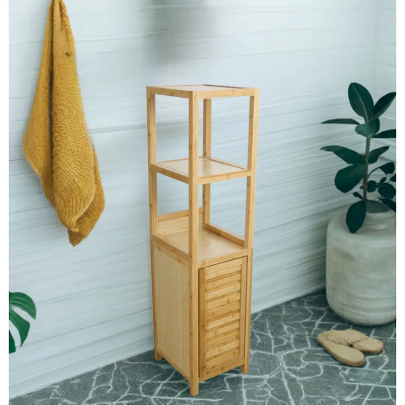 Natural Bamboo Spa Storage Tower Cabinet with 3 Open Shelves and Enclosed Cabinet, Single