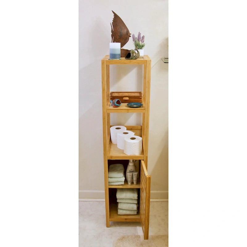Natural Bamboo Spa Storage Tower Cabinet with 3 Open Shelves and Enclosed Cabinet, Single