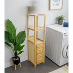 Natural Bamboo Spa Storage Tower Cabinet with 3 Open Shelves and Enclosed Cabinet, Single