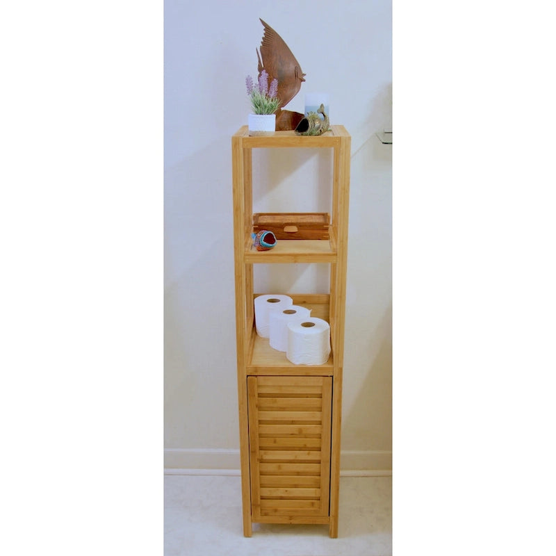 Natural Bamboo Spa Storage Tower Cabinet with 3 Open Shelves and Enclosed Cabinet, Single