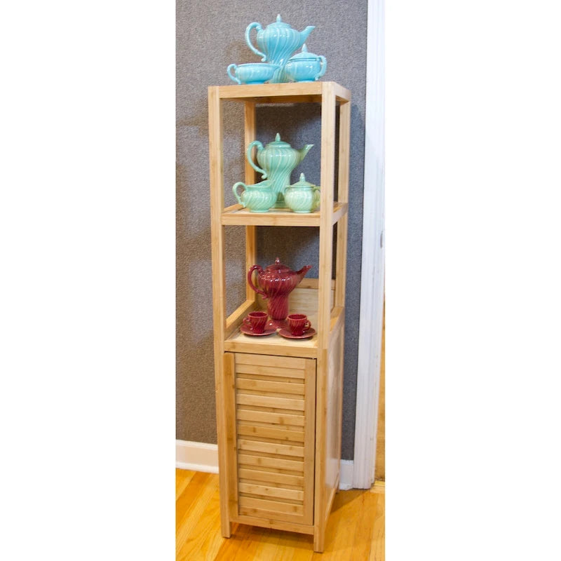 Natural Bamboo Spa Storage Tower Cabinet with 3 Open Shelves and Enclosed Cabinet, Single