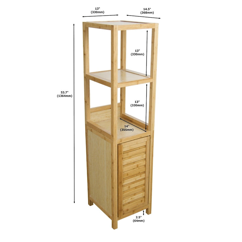 Natural Bamboo Spa Storage Tower Cabinet with 3 Open Shelves and Enclosed Cabinet, Single