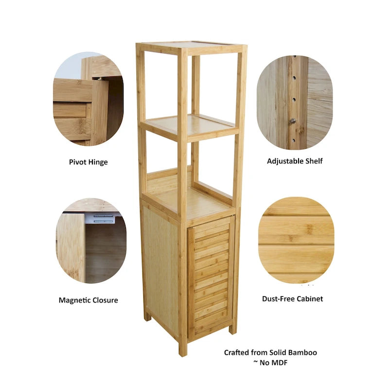 Natural Bamboo Spa Storage Tower Cabinet with 3 Open Shelves and Enclosed Cabinet, Single