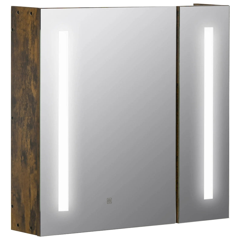 Dark Wood Grain LED Medicine Cabinet with Mirror, Wall Mounted