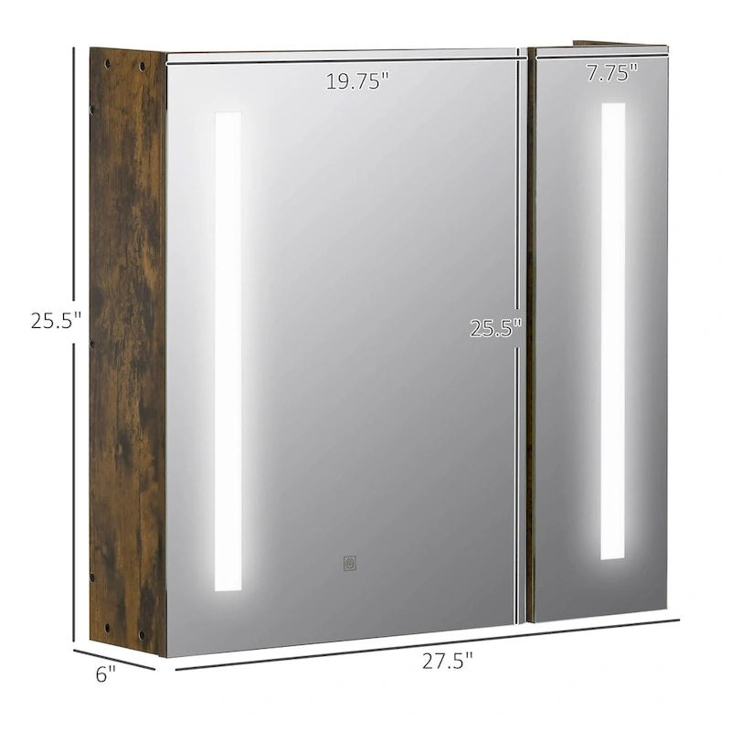 Dark Wood Grain LED Medicine Cabinet with Mirror, Wall Mounted