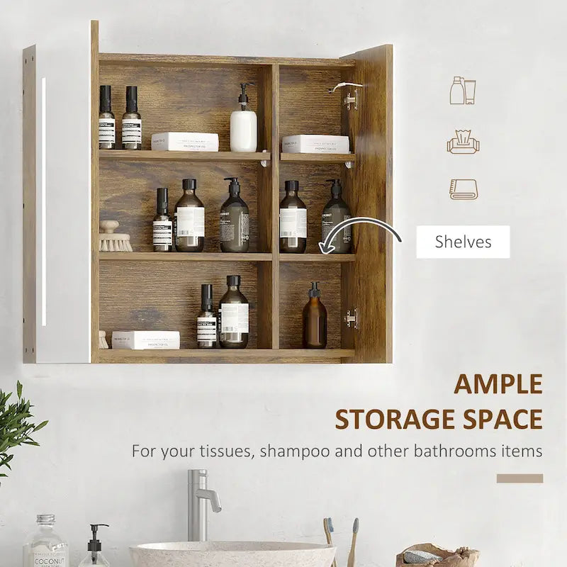 Dark Wood Grain LED Medicine Cabinet with Mirror, Wall Mounted