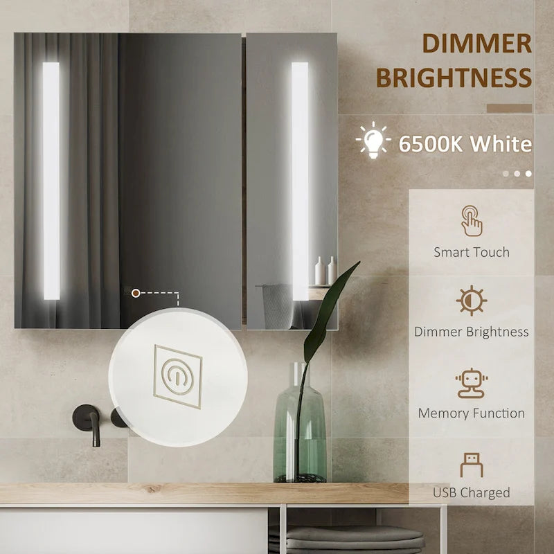 Dark Wood Grain LED Medicine Cabinet with Mirror, Wall Mounted