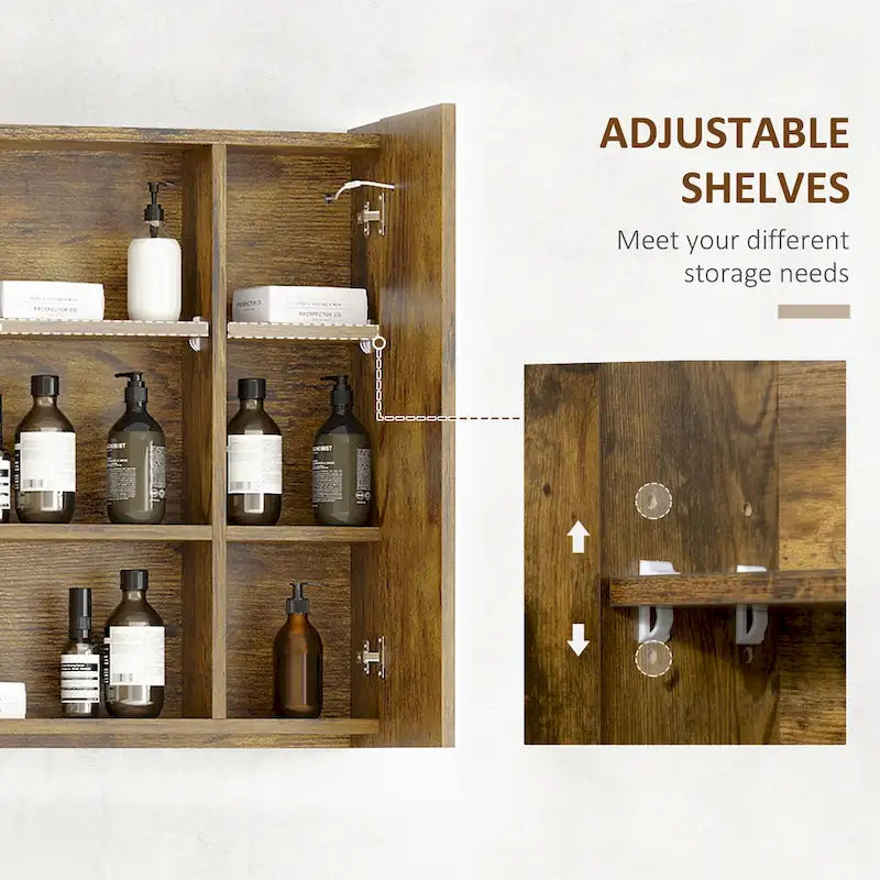 Dark Wood Grain LED Medicine Cabinet with Mirror, Wall Mounted