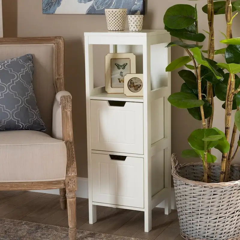 White Farmhouse 2-Drawer Storage Cabinet with Open Shelf, Single, Freestanding