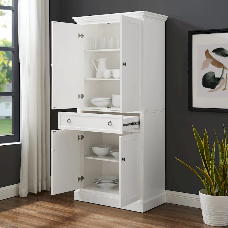 White Traditional Kitchen Pantry Cabinet with Drawer and Adjustable Shelves, Single