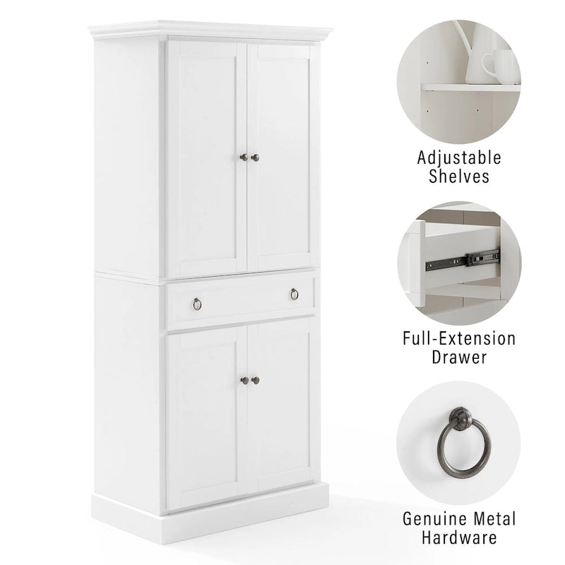 White Traditional Kitchen Pantry Cabinet with Drawer and Adjustable Shelves, Single