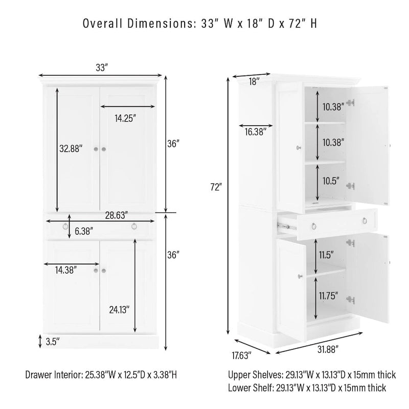 White Traditional Kitchen Pantry Cabinet with Drawer and Adjustable Shelves, Single