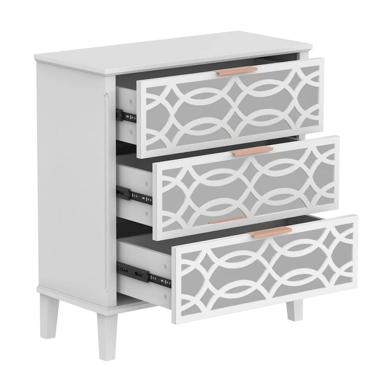 26H End Table of Drawers Mirrored Lacquered Dresser Chest White/Gold
